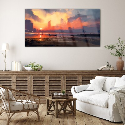 Sunset over the city horizon Glass Wall Art