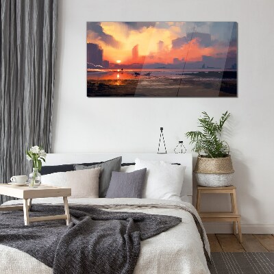 Sunset over the city horizon Glass Wall Art