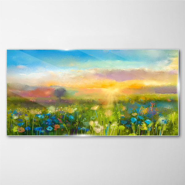 Flower landscape in the morning Glass Wall Art