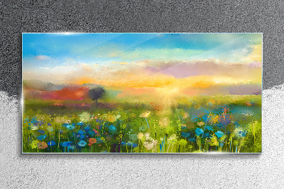 Flower landscape in the morning Glass Wall Art