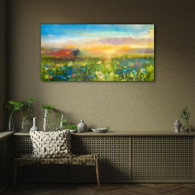 Flower landscape in the morning Glass Wall Art