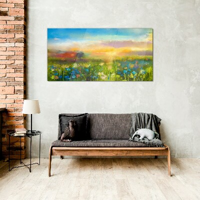 Flower landscape in the morning Glass Wall Art