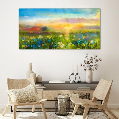 Flower landscape in the morning Glass Wall Art