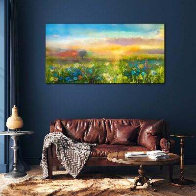 Flower landscape in the morning Glass Wall Art