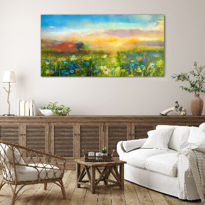Flower landscape in the morning Glass Wall Art