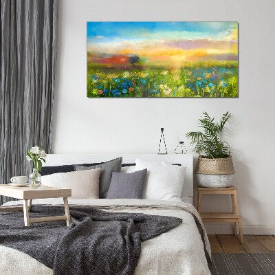 Flower landscape in the morning Glass Wall Art
