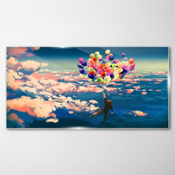 Flight in the clouds with balloons Glass Wall Art