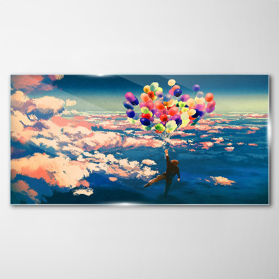 Flight in the clouds with balloons Glass Wall Art