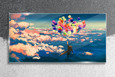 Flight in the clouds with balloons Glass Wall Art