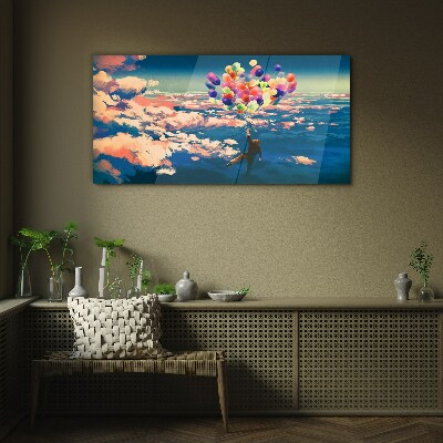 Flight in the clouds with balloons Glass Wall Art