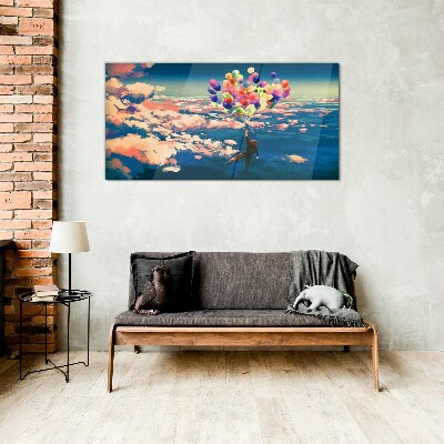 Flight in the clouds with balloons Glass Wall Art