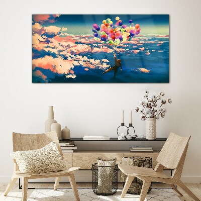 Flight in the clouds with balloons Glass Wall Art
