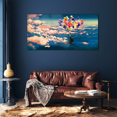 Flight in the clouds with balloons Glass Wall Art