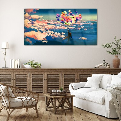 Flight in the clouds with balloons Glass Wall Art