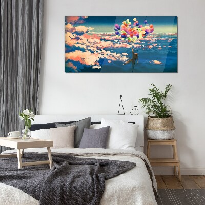Flight in the clouds with balloons Glass Wall Art