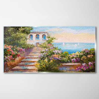 A walk among the flowers by the sea Glass Wall Art
