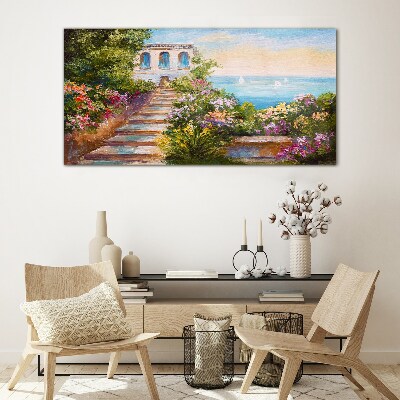 A walk among the flowers by the sea Glass Wall Art