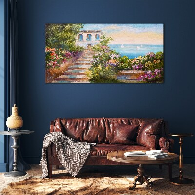 A walk among the flowers by the sea Glass Wall Art