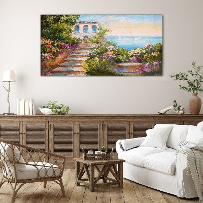 A walk among the flowers by the sea Glass Wall Art