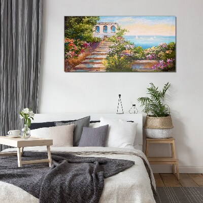 A walk among the flowers by the sea Glass Wall Art