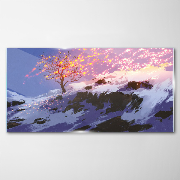Winter landscape with a burning tree Glass Wall Art