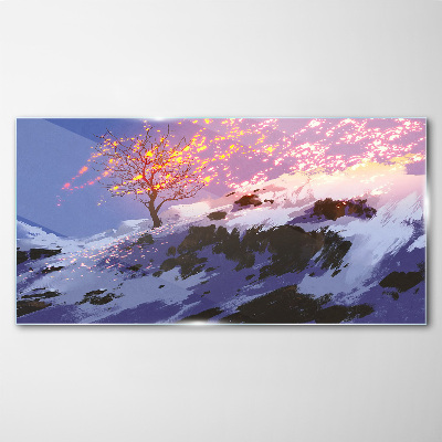 Winter landscape with a burning tree Glass Wall Art