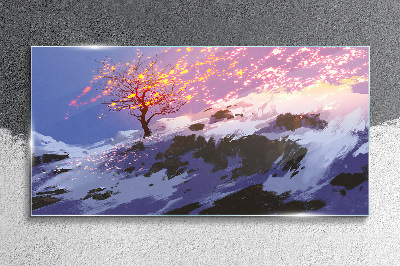 Winter landscape with a burning tree Glass Wall Art