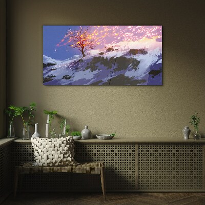 Winter landscape with a burning tree Glass Wall Art
