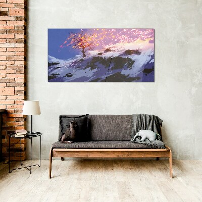 Winter landscape with a burning tree Glass Wall Art