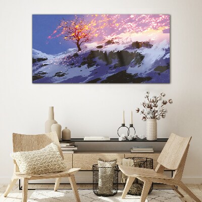 Winter landscape with a burning tree Glass Wall Art