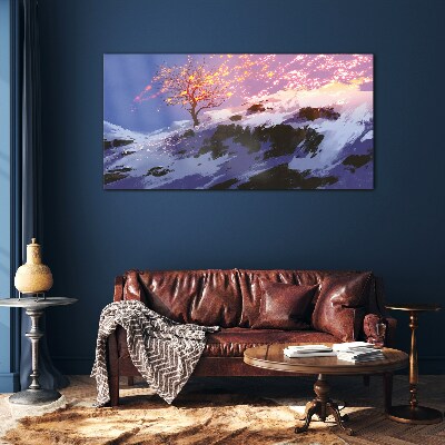Winter landscape with a burning tree Glass Wall Art