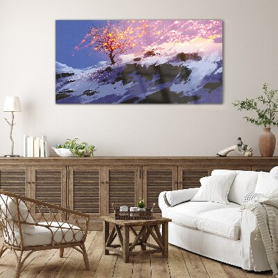 Winter landscape with a burning tree Glass Wall Art