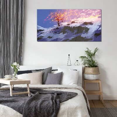 Winter landscape with a burning tree Glass Wall Art
