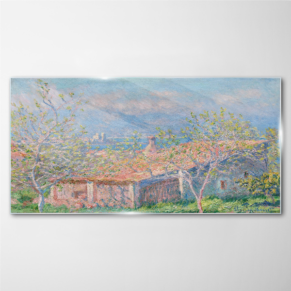 A peaceful landscape with a house and trees Glass Wall Art