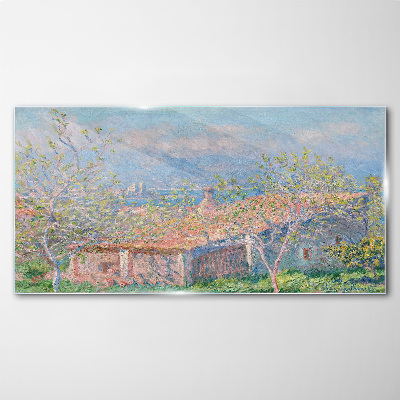 A peaceful landscape with a house and trees Glass Wall Art