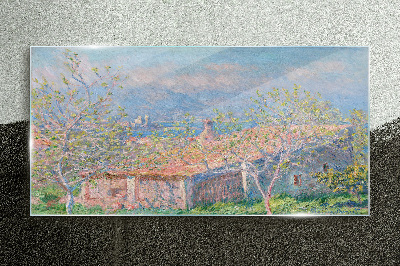 A peaceful landscape with a house and trees Glass Wall Art