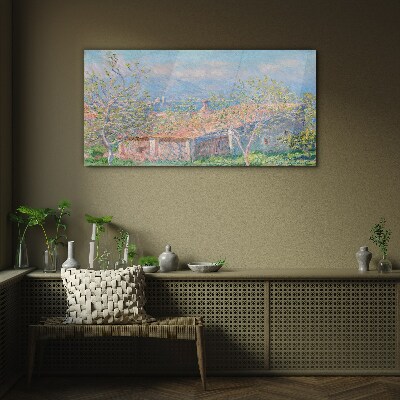 A peaceful landscape with a house and trees Glass Wall Art