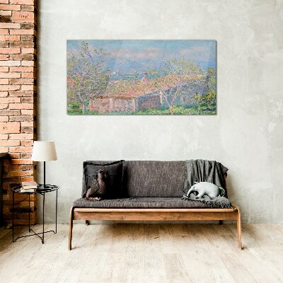 A peaceful landscape with a house and trees Glass Wall Art