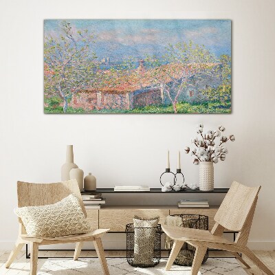 A peaceful landscape with a house and trees Glass Wall Art