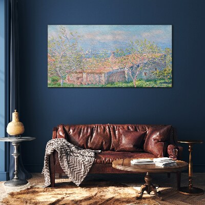 A peaceful landscape with a house and trees Glass Wall Art
