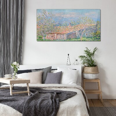 A peaceful landscape with a house and trees Glass Wall Art