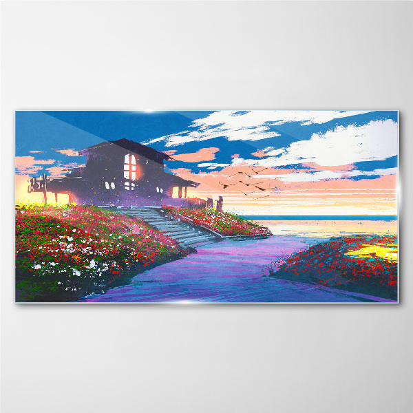 Sunset over the flowery shore Glass Wall Art