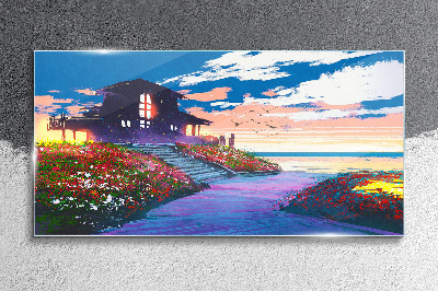 Sunset over the flowery shore Glass Wall Art