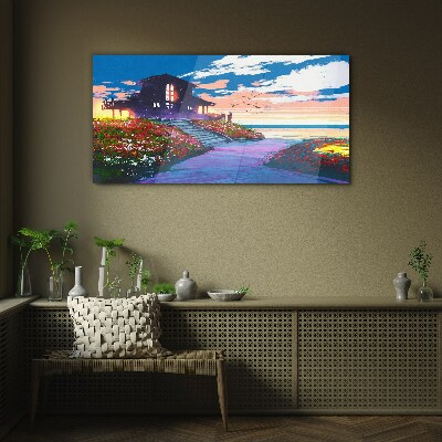 Sunset over the flowery shore Glass Wall Art