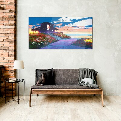Sunset over the flowery shore Glass Wall Art