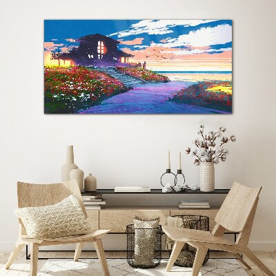 Sunset over the flowery shore Glass Wall Art