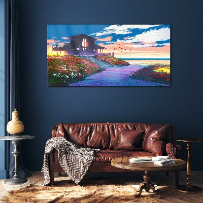 Sunset over the flowery shore Glass Wall Art