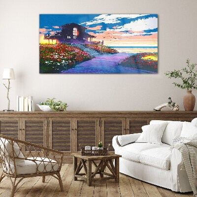 Sunset over the flowery shore Glass Wall Art