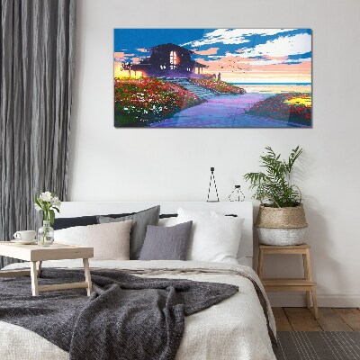 Sunset over the flowery shore Glass Wall Art