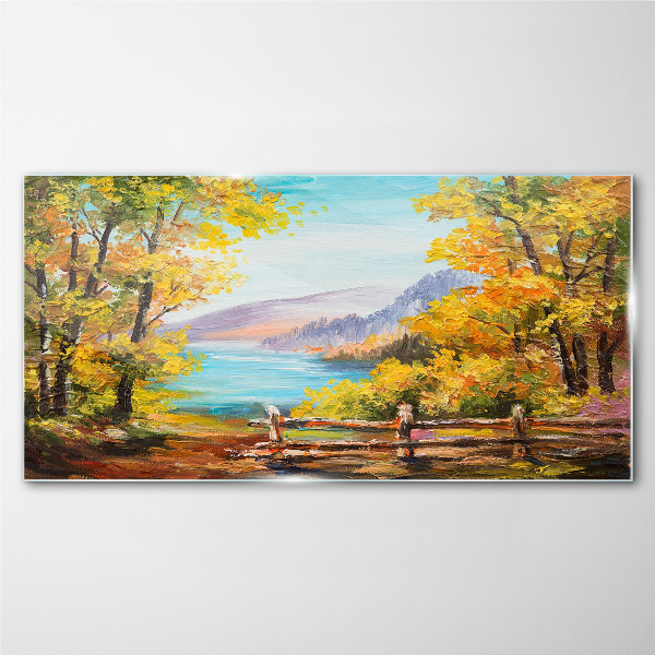 Autumn scenery by the lake Glass Wall Art